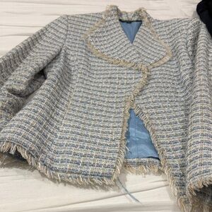 Light Blue Tweed Fringe Jacket - Women